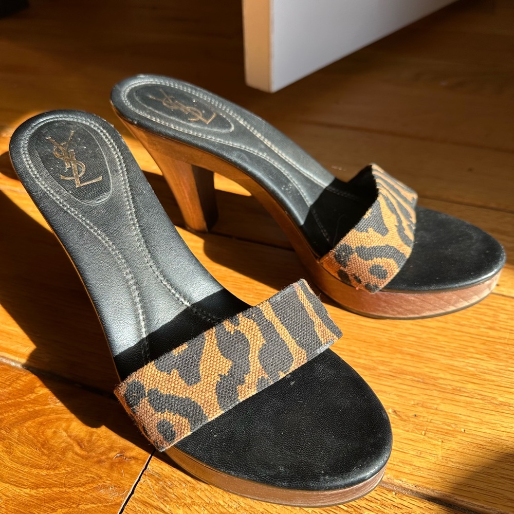 Yves Saint Laurent heels, gorgeous wood, leopard print, GUC
